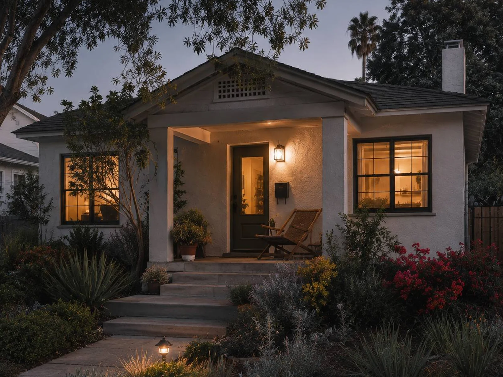 California bungalow with a lit porch at dusk