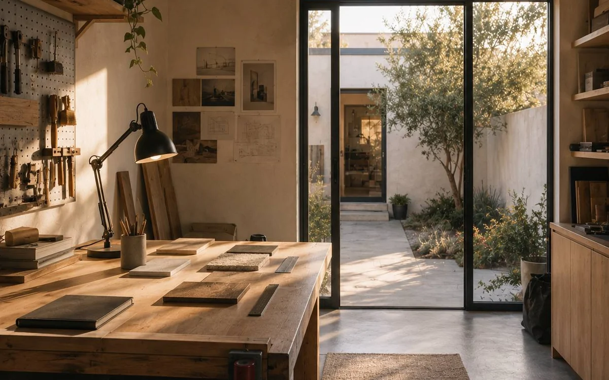 Empty California maker studio opening onto a residential courtyard